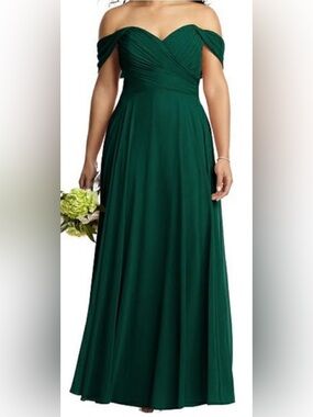 DESSY COLLECTION Off-the-Shoulder Draped Chiffon Maxi Dress Hunter 14 NEW 2970